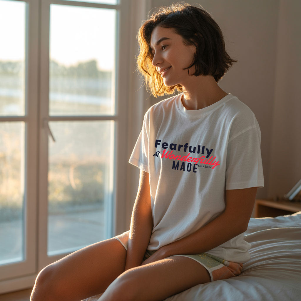 Unisex softstyle T-shirt with "Fearfully and Wonderfully Made" print, featuring a comfortable fit and stylish design.