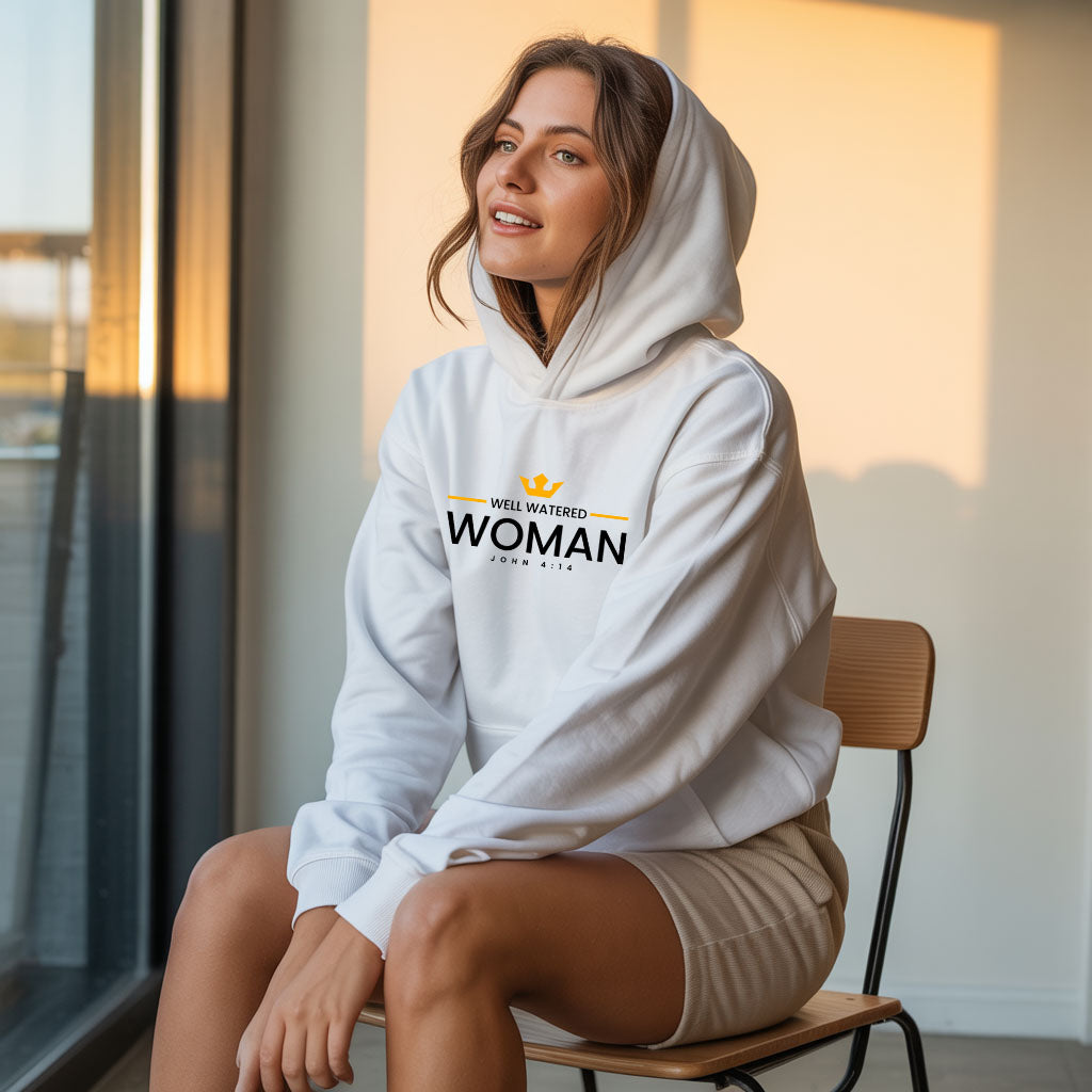 Unisex Heavy Blend hoodie featuring a "Well Watered Woman" design, made by Printify, with a front view of the hooded sweatshirt.
