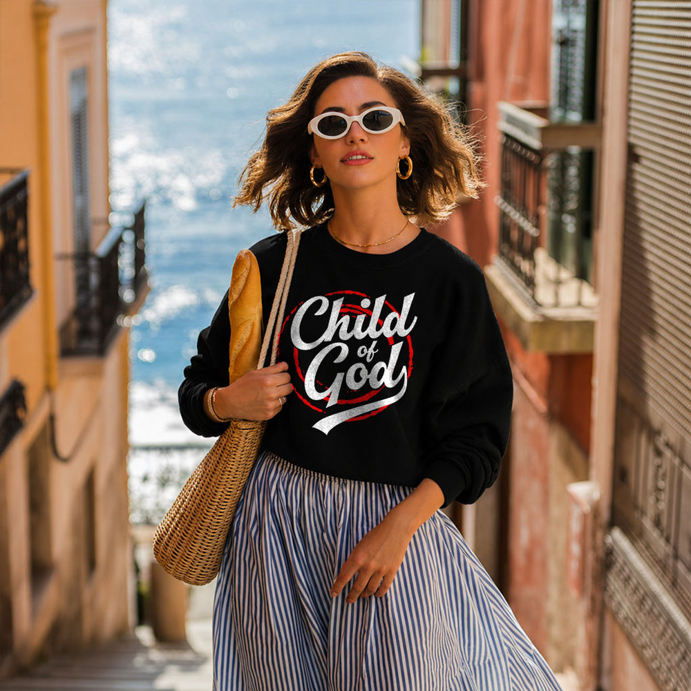 Unisex midweight softstyle fleece crewneck sweatshirt with "Child of God" print, comfortable casual wear by Printify.