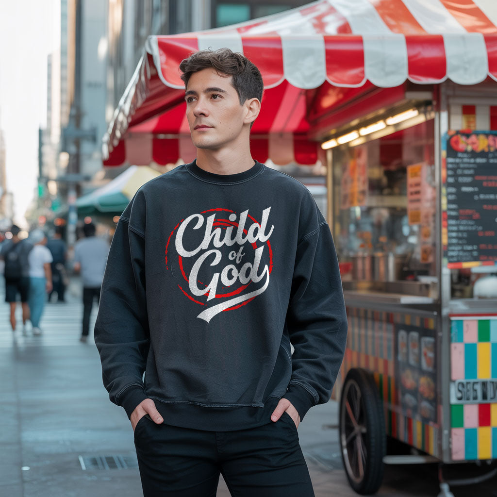 Unisex midweight softstyle fleece crewneck sweatshirt with "Child of God" print, comfortable casual wear by Printify.