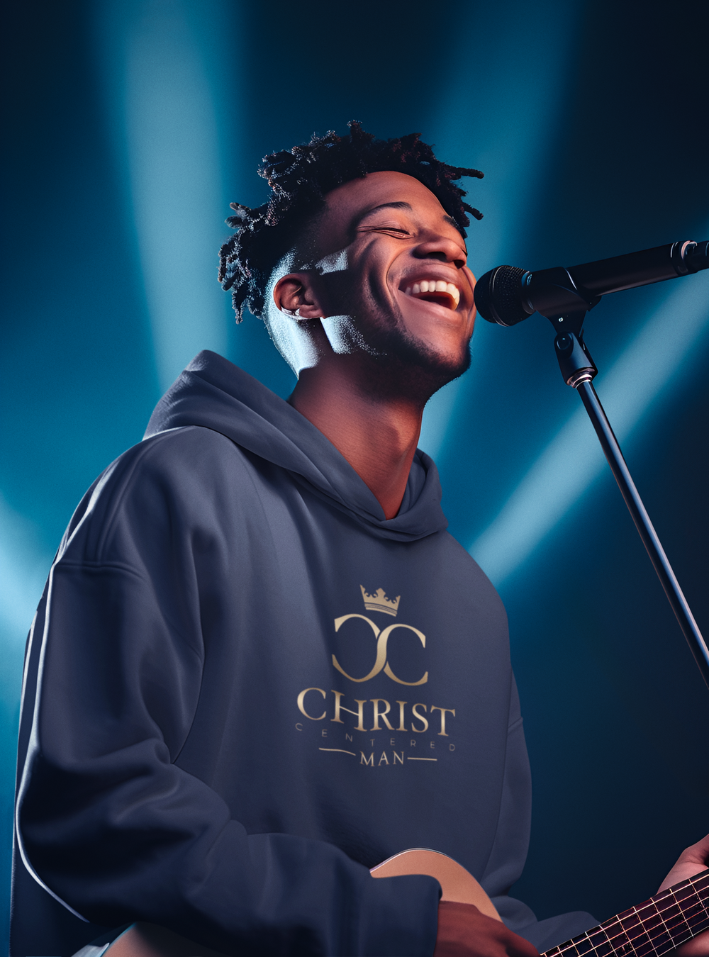 Unisex Christ Centered Man hoodie featuring cheerful man singing and playing guitar at a concert, by Printify.